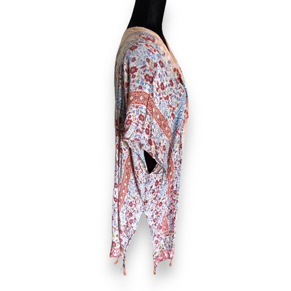 Lucky Brand Womens Kimono One Size Peach Multi Boho Print Beach Coverup Fringe - Picture 7 of 11